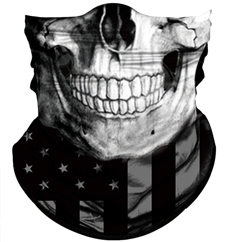 Obacle Skull Face Mask Sun UV Dust Wind Protection Tube Mask Seamless Bandana Skeleton Face Mask for Men Women Bike Riding Motorcycle Cycling Biker Outdoor Festival (Black Gray Skull White Face Flag) - Image 1